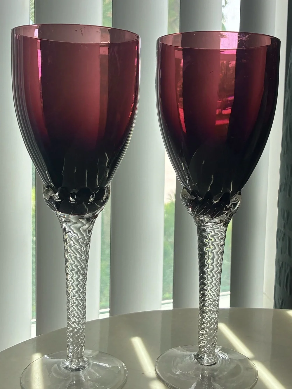 Set of Two Deep Amethyst Stemmed Wine Goblets